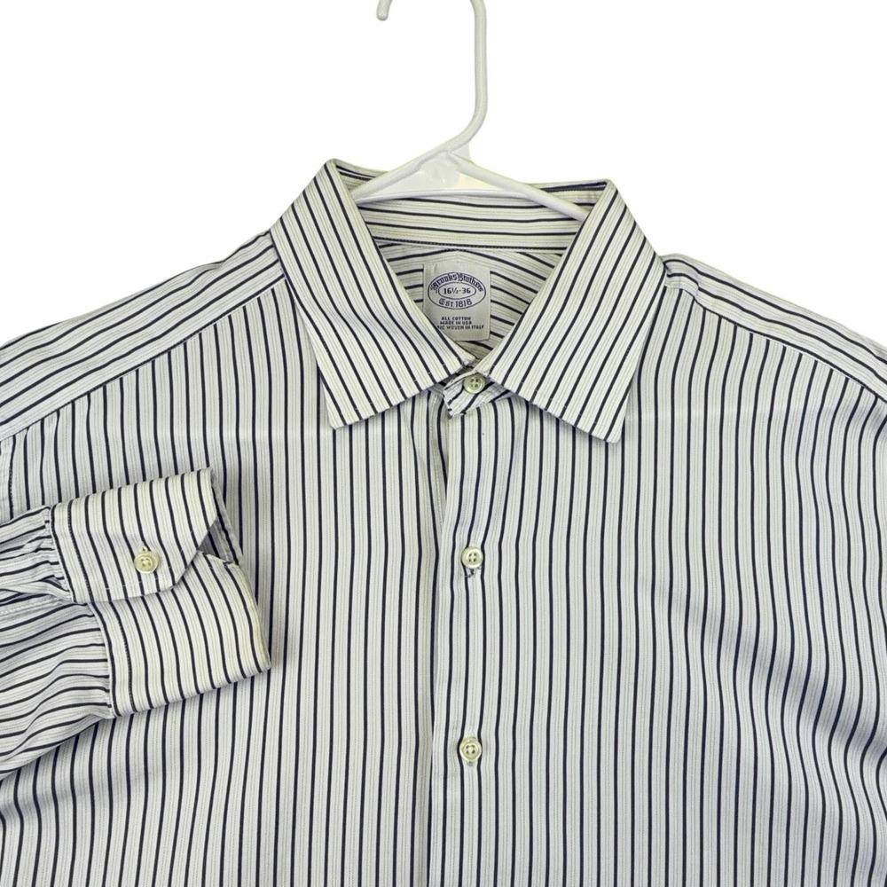 Brooks Brothers Dress Shirt Mens 16.5-36 White Blue Stripe Regular Fit Made USA